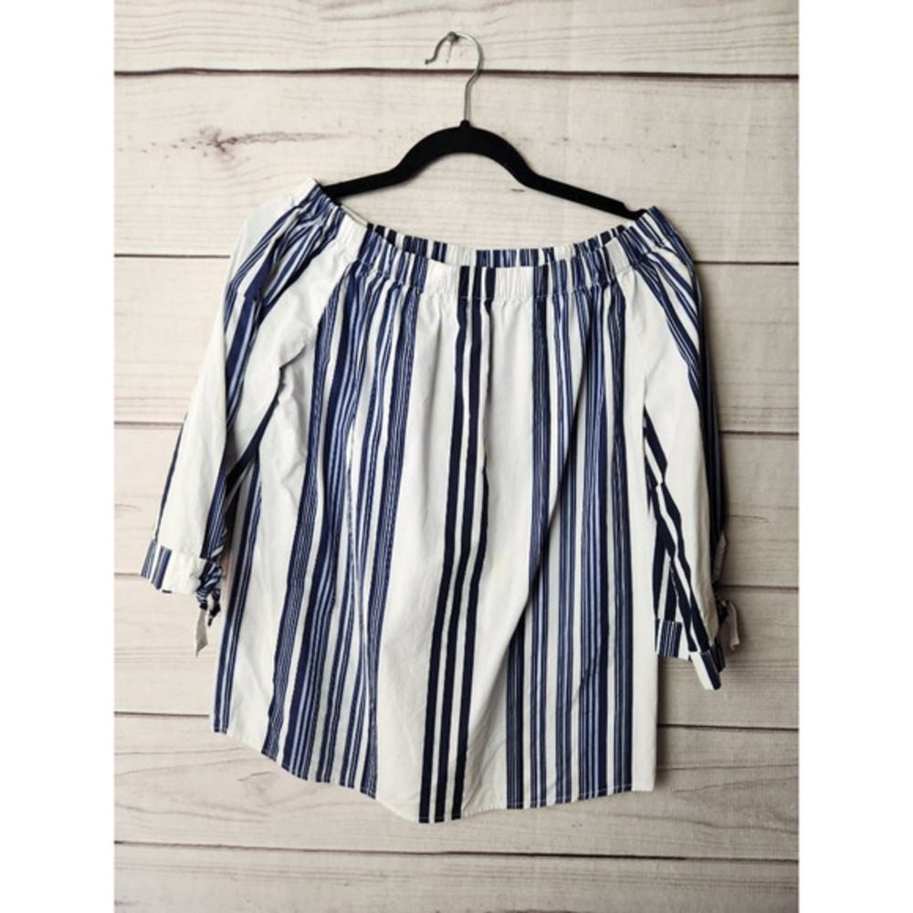 Per Se Womens Blouse White Blue Striped 3/4 Sleeve Off Shoulder S